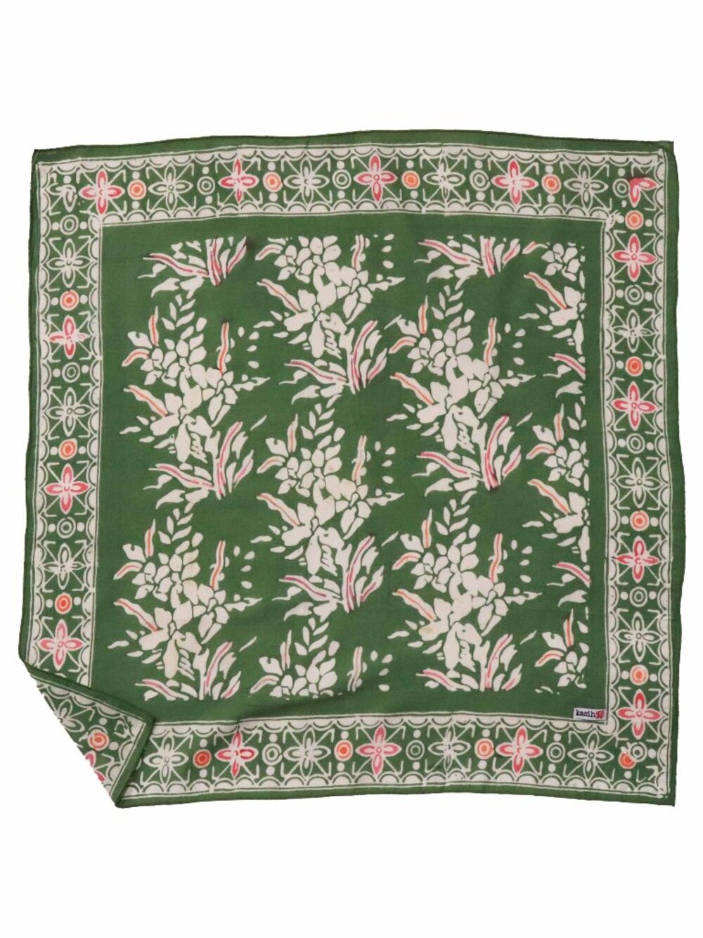 Hand Dyed Batik Bandana, Green Garland, Pink White